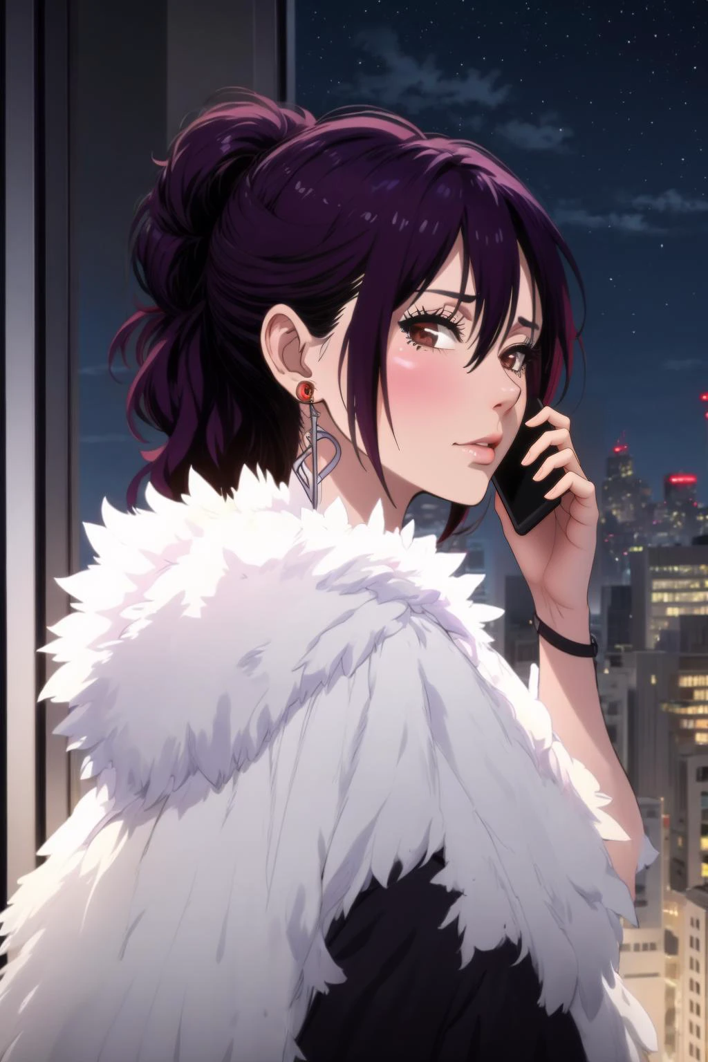 masterpiece, best quality, from behind, night:1.2, beautiful, Mature female, talking on phone, iphone15pro, screen, <lora:iphone15pro:.75>, perfect hands, <lora:hana-nisekoi:0.85>, fur trim, mole, blush, jewelry, earrings, upper body, hana kirisaki, <lora:talking_on_phone_holding:0.8> window, skyline, night, starry sky, purple hair, looking at viewer, <lora:age_slider_v1:-.35> alluring <lora:add_detail:-.3>