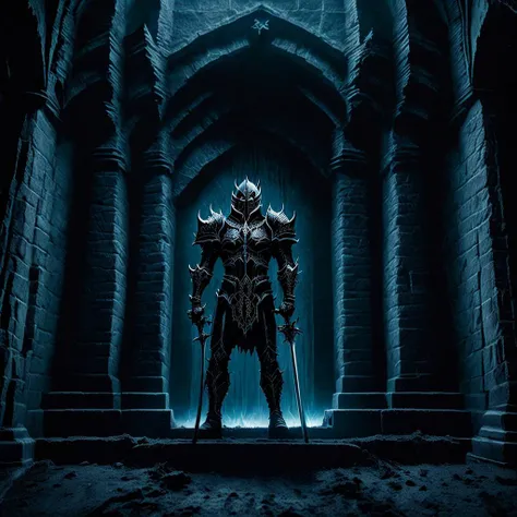 <hypernet:GrimForge:1> A death knight standing at the entrance of a haunted castle, his sword glowing with dark energy