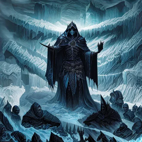 <hypernet:GrimForge:1> A lich king commanding his undead army from a dark, icy fortress