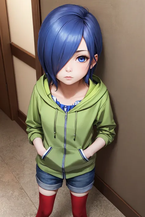 (masterpiece, best quality:1.2), solo, 1girl, kirishima touka, expressionless, looking at viewer, hands in pockets, blue hair, hair over one eye, blue eyes, green hoodie, shorts, red thighhighs <lora:tokyoghoul_kirishima:0.9>