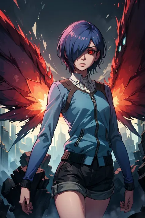 masterpiece, best quality, kirishima touka, blue hair, hair over one eye, red eyes, colored sclera, black sclera, wings, red wings, blue jacket, long sleeves, shorts, <lora:tokyoghoul_kirishima:1>