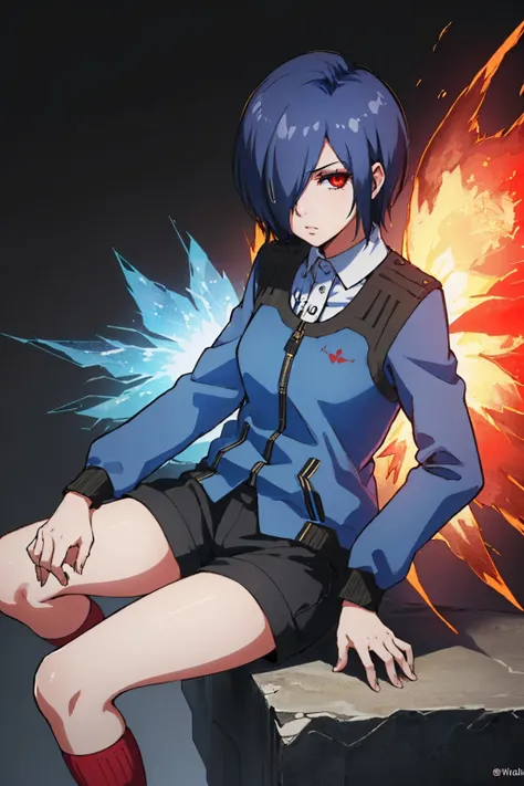 (masterpiece, best quality:1.2), solo, 1girl, kirishima touka, serious, looking at viewer, blue hair, hair over one eye, red eyes, colored sclera, black sclera, blue jacket, long sleeves, shorts, (wings:1.1), red wings <lora:tokyoghoul_kirishima:1.0>