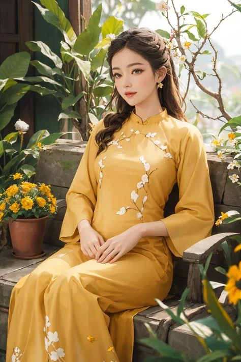 masterpiece, best quality, realistic, cinematic,
1girl, sitting, close-up portrait, <lora:aodai:1>, red aodai, (smile:0.8), (yellow apricot blossom, (potted flowers:1.2), flowers, falling petals, tree branch),