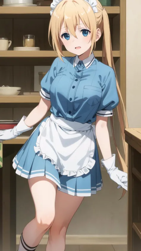 masterpiece, best quality, highres, BREAK, masterpiece, best quality, highres, BREAK
,sad,mediaeval frontier midnight, , , rack focus, giggling,, knees,BREAK, <lora:kaho:0.8>, kaho hinata, maid, maid headdress, waist apron, (blue shirt, blue skirt:1.2), short sleeves, white gloves,
,