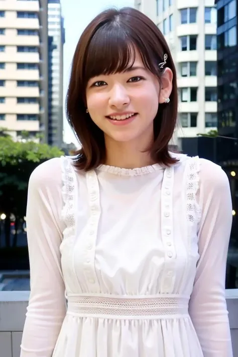 1girl, (wearing a cotton dress:1.6),(RAW photo, best quality), (realistic, photo-realistic:1.4), masterpiece, an extremely delicate and beautiful, extremely detailed, 2k wallpaper, Amazing, finely detail, extremely detailed CG unity 8k wallpaper, ultra-detailed, highres, soft light, beautiful detailed girl, extremely detailed eyes and face, beautiful detailed nose, beautiful detailed eyes,cinematic lighting,(in the city:2.0),perfect anatomy,slender body,(smile:1.4),(close up:1.4),(look at viewer),(front view:2.0),cinematic angle,(wavy short hair:1.2), <lora:shimabukuromiyuri_lora-04:0.8>