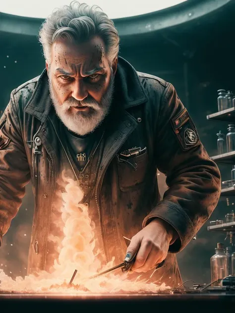 (extremely detailed CG unity 8k wallpaper, hasselblad award winner), detailed full-length photo of a (mad 40 years old man), Soviet scientist conducts a ((crazy experiment)), <lora:stylepunk_InfernalAIv8:0.5>, stands in a futuristic laboratory, disdain and angry, serious look, bloody experiment, ((crazy scientist with crazy eyes)), (close up), ((evil grin)), electricity everywhere, cinematic lighting, ambient soft lighting, dramatic lighting, diffused soft lighting, ((the horrific consequences) of the experiment around), elite, rich, highly detailed, intricate, small breasts, 8k HD, full body 8k render, photorealistic digital art trending on Artstation 8k HD high definition detailed realistic, masterpiece, high quality, sharp focus, hdr, cinema shot, trending on ArtStation, Intricate, High Detail, Sharp focus, dramatic, photorealistic painting art by midjourney