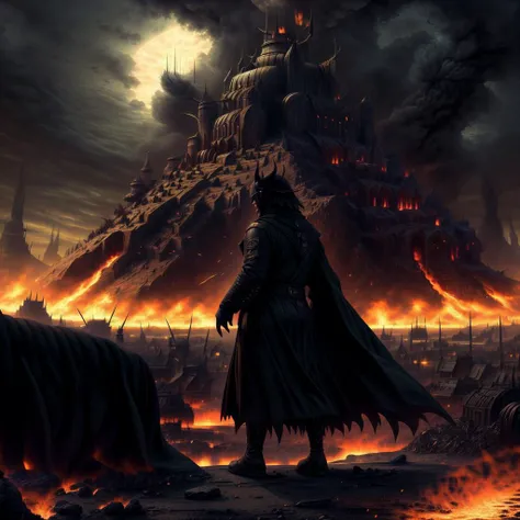 young dark magician in an elegant black caftan and a heavy fur coat, (dark coat and suit:1.2), 20 year old man with light bristles, <lora:InfernalAIv8:1>, (upper body), mage-commander of the army of Darkness, (close up), the commander stands on the ruins of the captured city, destroyed war-torn citadel on background, (all in fire and blood), disdain, angry, tired, looking at camera, (gloomy evening), evil army on background, highly detailed, 8k HD, photorealistic digital art trending on Artstation 8k HD high definition detailed realistic, masterpiece, high quality, sharp focus, hdr, cinema shot, trending on ArtStation, Intricate, High Detail, Sharp focus, dramatic, photorealistic painting art by midjourney, <lora:add_detail:0.5>