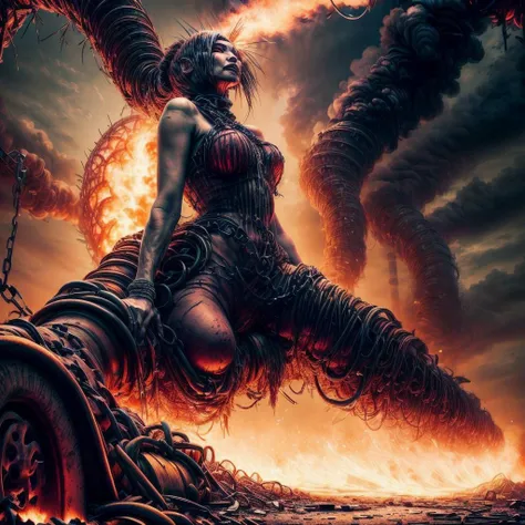 ((Best quality)), ((masterpiece)), ((highly intricate details)), ((mutated woman)), decaying industrial wasteland, toxic air hangs heavy, twisted metal, chains and rusted machinery, <lora:InfernalAIv8:.9> 1nf3rnalAI, mutated woman with elongated limbs, jagged teeth, glowing veins, emitting an crimson aura, , on eye level, scenic, masterpiece , vibrant <lora:add_detail:1.2>