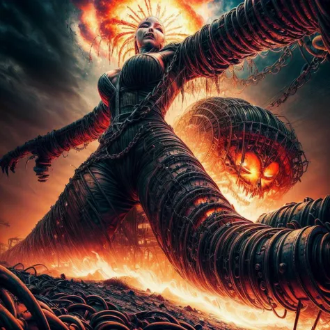 ((Best quality)), ((masterpiece)), ((highly intricate details)), ((mutated woman)), decaying industrial wasteland, toxic air hangs heavy, twisted metal, chains and rusted machinery, <lora:InfernalAIv8:.9> 1nf3rnalAI, mutated woman with elongated limbs, jagged teeth, glowing veins, emitting an crimson aura, , on eye level, scenic, masterpiece , vibrant <lora:add_detail:1.2>