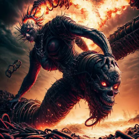 ((Best quality)), ((masterpiece)), ((highly intricate details)), ((mutated woman)), decaying industrial wasteland, toxic air hangs heavy, twisted metal, chains and rusted machinery, <lora:InfernalAIv8:.9> 1nf3rnalAI, mutated woman with elongated limbs, jagged teeth, glowing veins, emitting an crimson aura, , on eye level, scenic, masterpiece , vibrant <lora:add_detail:1.2>
