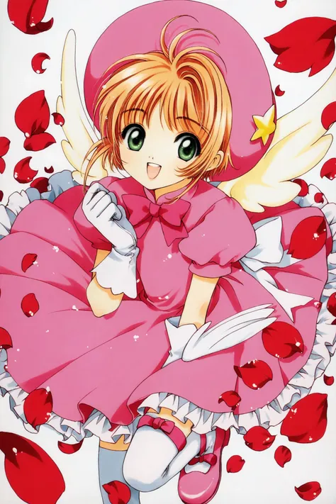 1girl,kinomoto sakura,dress,pink headwear,hat,holding,gloves,open mouth,smile,green eyes,brown hair,short sleeves,magical girl,petals,solo,white gloves,pink dress,short hair,bow,wings,white background,puffy sleeves,looking at viewer,puffy short sleeves,:d,frills,frilled dress,simple background,1990s (style),bangs,pink footwear,thighhighs,antenna hair,pink bow,retro artstyle,petticoat,cherry blossoms,shoes,white wings,score_9,score_8_up,<lora:Card Captor Sakura_XL_PONY:0.8>,