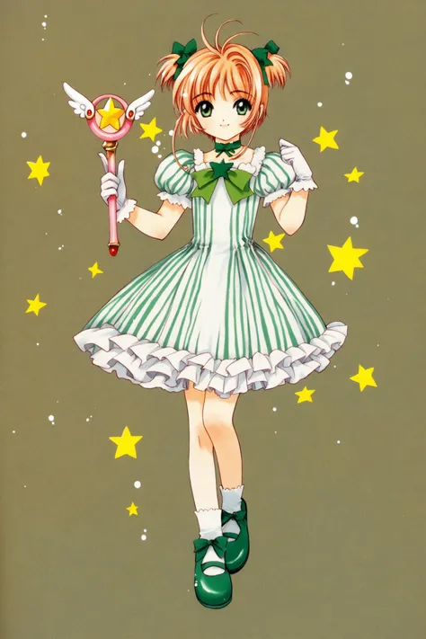 1girl,kinomoto sakura,dress,1990s (style),full body,solo,holding,retro artstyle,puffy sleeves,short sleeves,gloves,white gloves,puffy short sleeves,antenna hair,striped,short hair,smile,wand,ribbon trim,standing,flower,holding wand,green eyes,shoes,two side up,looking at viewer,bow,green footwear,choker,brown hair,ribbon,bangs,green dress,green bow,closed mouth,magical girl,green choker,yellow background,short twintails,vertical stripes,green ribbon,frills,ribbon choker,hair ornament,striped dress,white flower,vertical-striped dress,socks,twintails,hair bow,white dress,star (symbol),ribbon-trimmed sleeves,score_9,score_8_up,<lora:Card Captor Sakura_XL_PONY:0.8>,