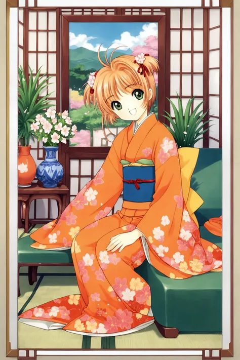 kinomoto sakura,1girl,japanese clothes,seiza,kimono,brown hair,floral print,flower,vase,long sleeves,obi,green eyes,sitting,sash,1990s (style),indoors,bangs,antenna hair,short hair,smile,looking at viewer,hair intakes,open mouth,potted plant,print kimono,plant,hair ornament,wide sleeves,full body,solo,head tilt,:d,orange kimono,two side up,zabuton,ribbon,picture frame,score_9,score_8_up,<lora:Card Captor Sakura_XL_PONY:0.8>,