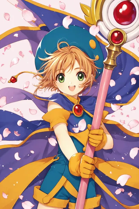 1girl, kinomoto sakura, brown hair, yellow gloves, solo, hat, green eyes, gloves, short hair, petals, magical girl, smile, blue headwear, cape, open mouth, shorts, cowboy shot, looking at viewer, staff,score_9,score_8_up,<lora:Card Captor Sakura_XL_PONY:0.8>,