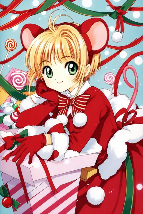 1girl,kinomoto sakura,solo,candy,bow,red gloves,green eyes,food,animal ears,striped bow,gloves,smile,mouse ears,short hair,striped,antenna hair,dress,looking at viewer,candy cane,long sleeves,fake animal ears,bangs,head rest,closed mouth,red dress,bowtie,gift,ribbon,box,swirl lollipop,lollipop,brown hair,blonde hair,red bow,flower,gift box,1990s \(style\),retro artstyle,score_9,score_8_up,<lora:Card Captor Sakura_XL_PONY:0.8>,