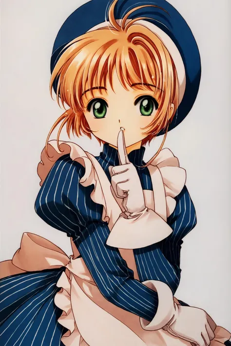 1girl,solo,kinomoto sakura,green eyes,hat,gloves,dress,white background,striped,white gloves,short hair,simple background,looking at viewer,long sleeves,puffy sleeves,antenna hair,apron,brown hair,blue dress,finger to mouth,1990s (style),juliet sleeves,index finger raised,retro artstyle,vertical stripes,:o,striped dress,blue headwear,bangs,score_9,score_8_up,<lora:Card Captor Sakura_XL_PONY:0.8>,