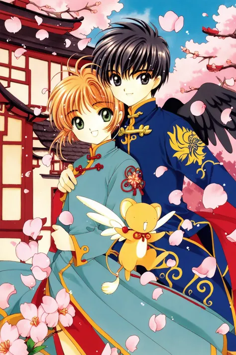 kinomoto sakura,1girl,brown hair,1990s (style),kero,smile,black hair,1boy,short hair,green eyes,:d,open mouth,chinese clothes,antenna hair,bangs,retro artstyle,long sleeves,wings,looking at viewer,petals,closed mouth,flower,dress,cherry blossoms,black eyes,score_9,score_8_up,<lora:Card Captor Sakura_XL_PONY:0.8>,