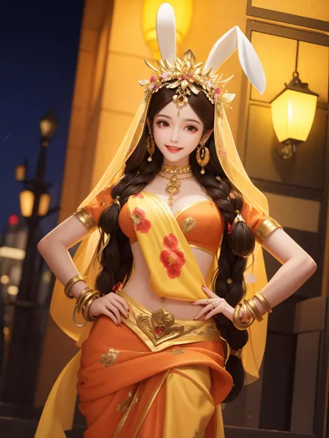 WZRYgongsunliYTGZ, 1girl, jewelry, bracelet, long hair, hair ornament, solo,rabbit ears, smile, braid, ring, brown hair,hair flower, looking at viewer, veil, brown eyes, floral print, choker, earrings, dress, forehead jewel, <lora:WZRYgongsunliYTGZ:0.75>,cityscape, night,mature female, navel,hand on hip,