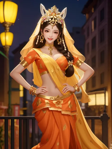 WZRYgongsunliYTGZ, 1girl, jewelry, bracelet, long hair, hair ornament, solo,rabbit ears, smile, braid, ring, brown hair,hair flower, looking at viewer, veil, brown eyes, floral print, choker, earrings, dress, forehead jewel, <lora:WZRYgongsunliYTGZ:0.75>,cityscape, night,mature female, navel,hand on hip,