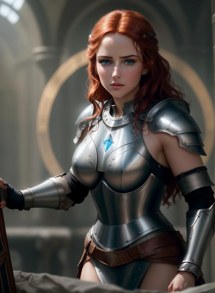(Cinematic Photo:1.3) of (Realistic:1.3),(Shameful:1.3) Hyper-realistic, powerful portrait of a (valiant) female knight, with (short, fiery red) hair, detailed (fierce, piercing blue) eyes, and a detailed, determined face, (representing her unyielding spirit), wearing a (gleaming, steel plate armor adorned with intricate engravings), set against a backdrop of a (bustling, medieval battlefield), realistic, hyper realistic, highly detailed, depth of field, Detailed and Intricate, Photo, HD, Cinematic, Dynamic Lighting, (bokeh), ((dauntless)), lens flare, (god rays:1.1), (cinema effect), ((detailed face and eyes)), <lora:epiNoiseoffset_v2:0.66>,Highly Detailed,(Art Photography:1.3),(Art Nouveau:1.3),(Crystal Cubism:1.3),(close portrait:1.3),(Feminine:1.4),(beautiful:1.4),(attractive:1.3),handsome,calendar pose,perfectly detailed eyes,studio lighting,thematic background