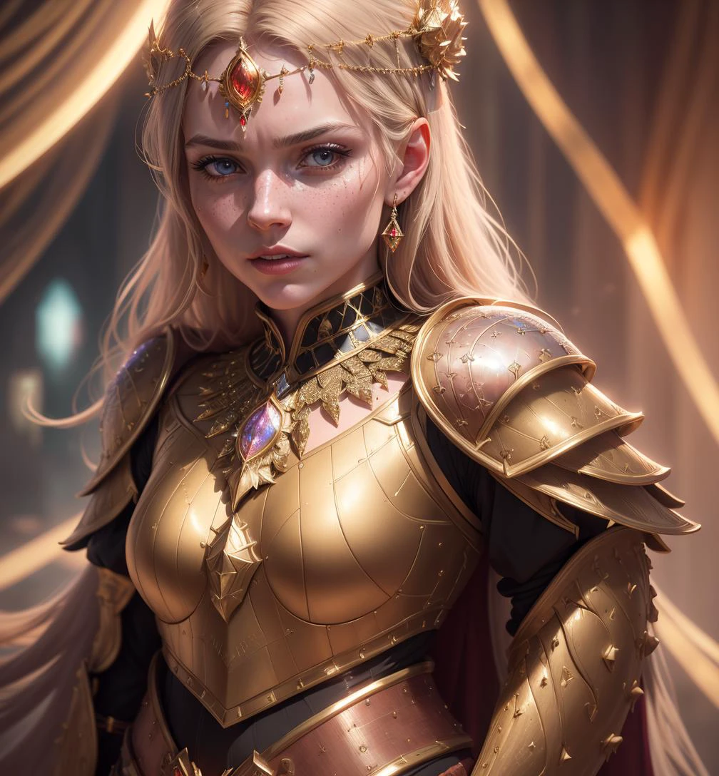 (1girl:0.999),1980s, beauty face, armor gold, skirt red, ((realism)), extremely high quality RAW photograph, ultra detailed photograph, sharp focus, high resolution, (detailed skin:1,3),high quality, film grain, Fujifilm XT3,Highly Detailed, movie, (Cinematic Photo:1.3) of (Realistic:1.3),(Disgusting:1.3) Photorealism, (Magical Photo:1.3) of (Realistic:1.3), Crystalcore, Bejeweled, ethereal, hyperdetailed fantasy character, Dreamlike, Ethereal Fantasy, Realistic, Fiction, Full-HD, HD, 8K, Soft Lighting, Beautiful Lighting,Highly Detailed,Highly Detailed,(Photorealism:1.3)