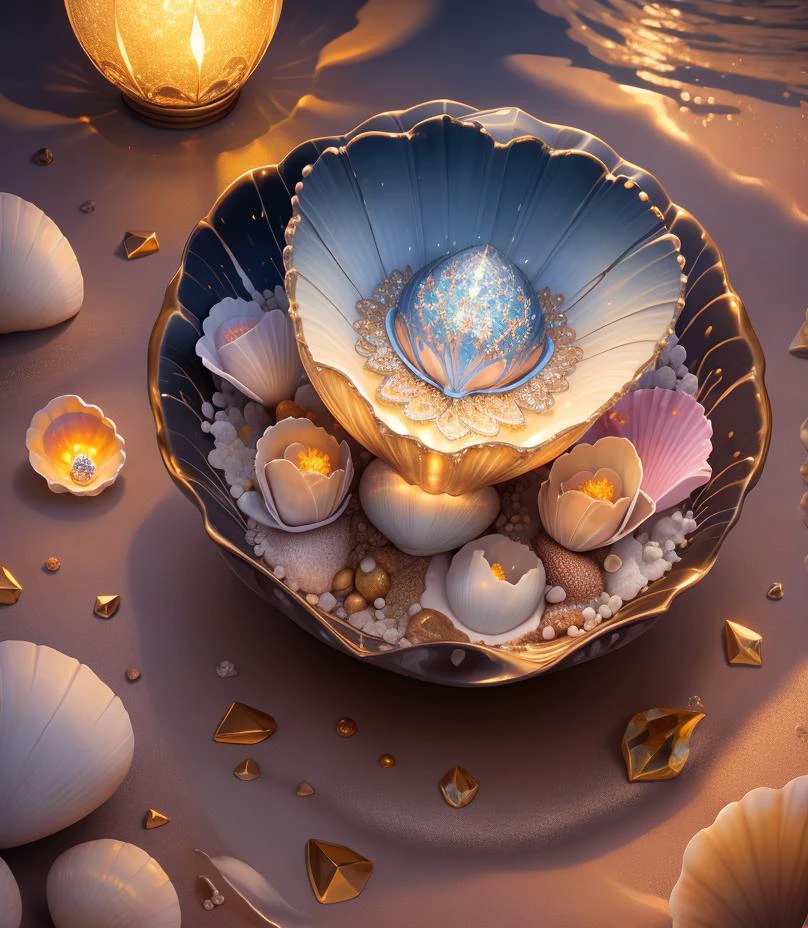 Splash water, flowers roses and shiny large shells, diamond crystal, on the beach, fantasy, sky night , moon, smoke , photo, HD, 8K , realistic, HD, intricate, 8k, highly detailed,fun, sharp focus,