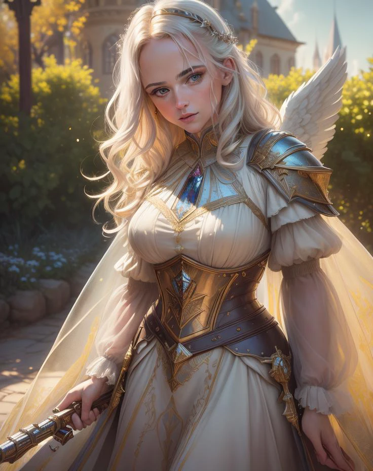 (Cinematic Photo:1.3) of (Masterpiece:1.3)angel warrior girl, dress crystal crystallized yellow pastel ornate drops transparent, hair white, fantasy, Medieval, epic hyper-detailed masterpiece ultra-wide, cinematic still, glamour hyper shoot, bokeh, pre-raphaelite, photo, realistic, octane render, 35 mm, photography, 8k resolution, 8 k, cinematic lighting, photographic, Eastman Kodak Color Negative film 5251 50T shot on panavision super, art by Bagshaw Tom, stanley, greg rutkowski, thomas kinkade, norman rockwell,(Cowboy-shot:1.2), (85mm),light particles, lighting, (highly detailed:1.2),(detailed face:1.2), (gradients), sfw, colorful,(detailed eyes:1.2), (detailed ladscape, garden, plants, castle:1.2),(detailed background),detailed landscape, (dynamic angle:1.2), (dynamic pose:1.2), (rule of third_composition:1.3), (Line of action:1.2), wide shot, daylight, solo,Highly Detailed,(80s Art:1.3),(Magical Realism:1.3),