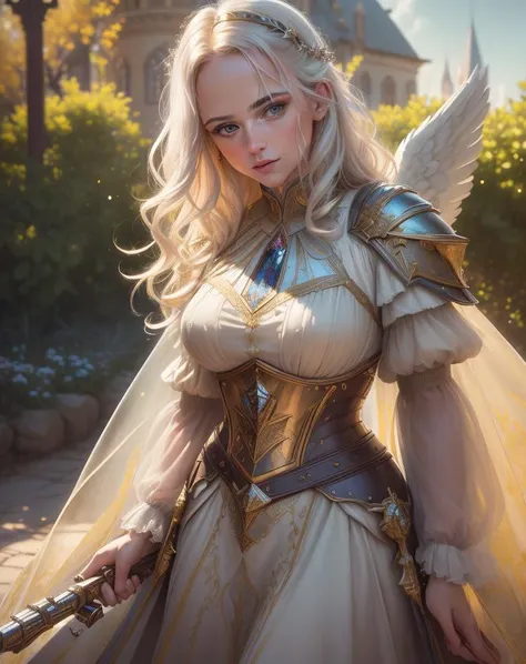 (Cinematic Photo:1.3) of (Masterpiece:1.3)angel warrior girl, dress crystal crystallized yellow pastel ornate drops transparent, hair white, fantasy, Medieval, epic hyper-detailed masterpiece ultra-wide, cinematic still, glamour hyper shoot, bokeh, pre-raphaelite, photo, realistic, octane render, 35 mm, photography, 8k resolution, 8 k, cinematic lighting, photographic, Eastman Kodak Color Negative film 5251 50T shot on panavision super, art by Bagshaw Tom, stanley, greg rutkowski, thomas kinkade, norman rockwell,(Cowboy-shot:1.2), (85mm),light particles, lighting, (highly detailed:1.2),(detailed face:1.2), (gradients), sfw, colorful,(detailed eyes:1.2), (detailed ladscape, garden, plants, castle:1.2),(detailed background),detailed landscape, (dynamic angle:1.2), (dynamic pose:1.2), (rule of third_composition:1.3), (Line of action:1.2), wide shot, daylight, solo,Highly Detailed,(80s Art:1.3),(Magical Realism:1.3),