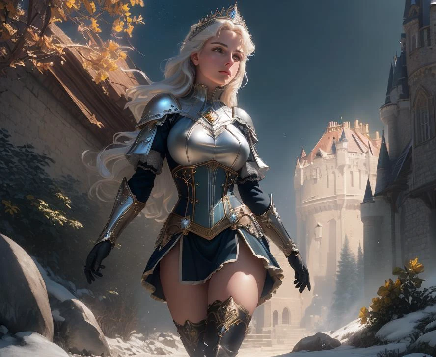 (Cinematic Photo:1.3) of (Masterpiece:1.3) girl, dress crystal crystallized yellow pastel ornate drops transparent, hair white, fantasy, Medieval, epic hyper-detailed masterpiece ultra-wide, cinematic still, glamour hyper shoot, bokeh, pre-raphaelite, photo, realistic, octane render, 35 mm, photography, 8k resolution, 8 k, cinematic lighting, photographic, Eastman Kodak Color Negative film 5251 50T shot on panavision super, art by Bagshaw Tom, stanley, greg rutkowski, thomas kinkade, norman rockwell,(Cowboy-shot:1.2), (85mm),light particles, lighting, (highly detailed:1.2),(detailed face:1.2), (gradients), sfw, colorful,(detailed eyes:1.2), (detailed ladscape, garden, plants, castle:1.2),(detailed background),detailed landscape, (dynamic angle:1.2), (dynamic pose:1.2), (rule of third_composition:1.3), (Line of action:1.2), wide shot, daylight, solo,Highly Detailed,(80s Art:1.3),(Magical Realism:1.3),