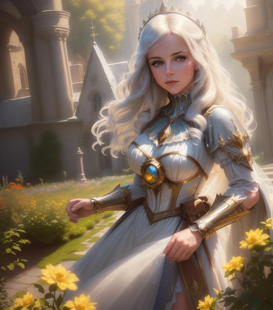 (Cinematic Photo:1.3) of (Masterpiece:1.3) girl, dress crystal crystallized yellow pastel ornate drops transparent, hair white, fantasy, Medieval, epic hyper-detailed masterpiece ultra-wide, cinematic still, glamour hyper shoot, bokeh, pre-raphaelite, photo, realistic, octane render, 35 mm, photography, 8k resolution, 8 k, cinematic lighting, photographic, Eastman Kodak Color Negative film 5251 50T shot on panavision super, art by Bagshaw Tom, stanley, greg rutkowski, thomas kinkade, norman rockwell,(Cowboy-shot:1.2), (85mm),light particles, lighting, (highly detailed:1.2),(detailed face:1.2), (gradients), sfw, colorful,(detailed eyes:1.2), (detailed ladscape, garden, plants, castle:1.2),(detailed background),detailed landscape, (dynamic angle:1.2), (dynamic pose:1.2), (rule of third_composition:1.3), (Line of action:1.2), wide shot, daylight, solo,Highly Detailed,(80s Art:1.3),(Magical Realism:1.3),