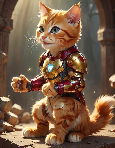 cat in an ironman suit, concept art, highly detailed art, god rays, dramatic pose, marvel, MCU, digital painting, artstation, Leaning and pretending to pet an invisible kitten <lora:happy_dora_notrigger_v42:1>