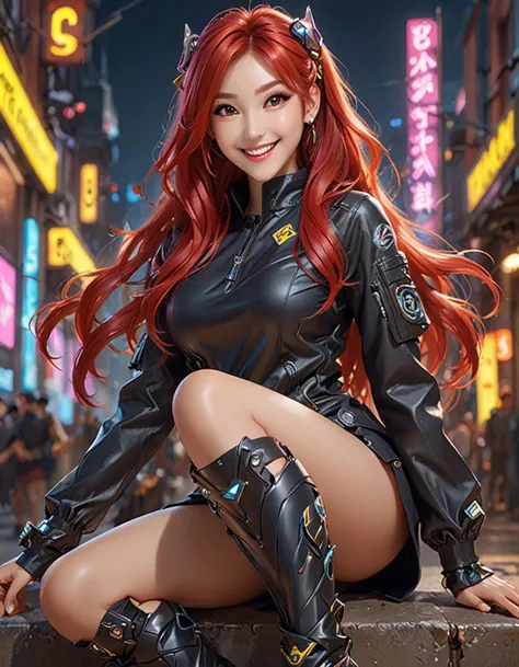 portrait painting of cyberpunk chuu loona kpop smiling cheerfully, ultra realistic, concept art, intricate details, eerie, highly detailed, photorealistic, octane render, 8 k, unreal engine. art by artgerm and greg rutkowski and magali villeneuve and alphonse mucha, Sitting with legs extended <lora:happy_dora_notrigger_v42:1>