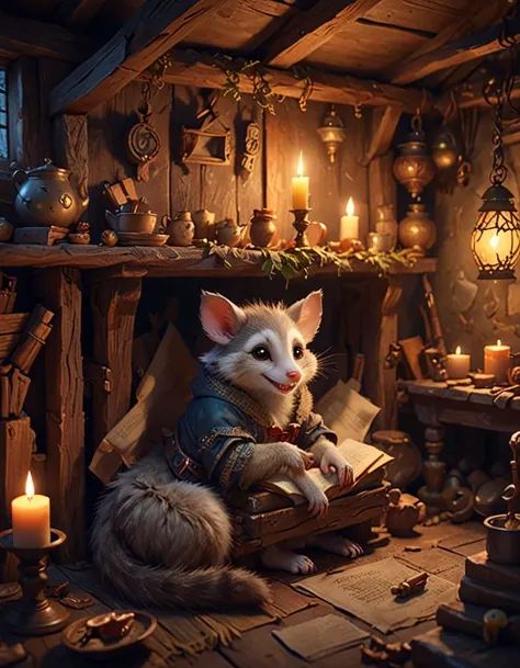 cute possum sleeping on a bed in a medieval cluttered cottage at night under the dim light of a candle, dark fantasy, dreaming illusion, trending on artstation, Standing with one arm raised <lora:happy_dora_notrigger_v42:1>