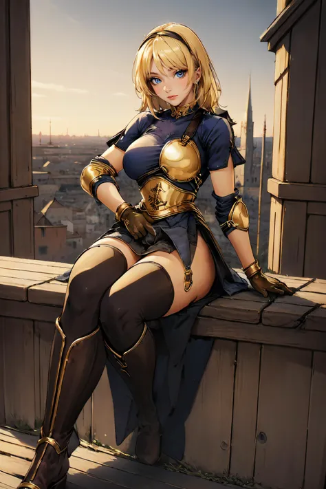 (masterpiece, best quality, ultra detailed, absurdres:1.5), 1girl, (sexy, beautiful woman, perfect face, perfect eyes, perfect female body:1.5), (archerRo, armor, boots, gloves, thighhighs, golden ring, slited skirt, golden armor, golden collar, hairband, <lora:archerRO_V1.4:0.75>), (full body, sitting, medieval, outdoors, village), perfect lighting, smooth, hdr