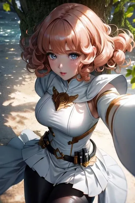 elegant sunlit, weak light and shadows, tree canopy,- 1girl, a pretty woman, beautiful face, white face, close up, face focus, curly hair, short copper-colored hair, white coat, black leggings, white tight skirt, she is with many dynamic poses, - blue water