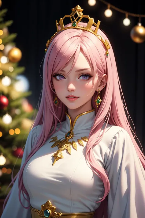 (masterpiece,  best quality),  intricate details,  a young Byzantine noble woman,  jewelry,  crown,  mosaic art,  Light pink hair,  white skin,  light purple eyes,  sharp jawline,  messy hair,  lips,  upper body,  smirk,  christmas tree