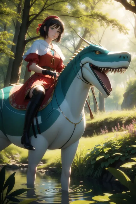 1girl, (by Roy Krenkel:1.1) and (Leandro Erlich:1.2) , appealing Renderman, (Red theme:0.7) , wide shot of a Alhambresque [Appealing|Handsome] Mint green ([Allosaurus|water chestnut]:1.3) , Artisanal background, lush woods with Meadow, at Blue hour, soft focus, Fantasy, Medieval art, broad lighting, Zoom lens, Fujifilm Superia, ethereal magical atmosphere, Impasto, arthouse, contest winner