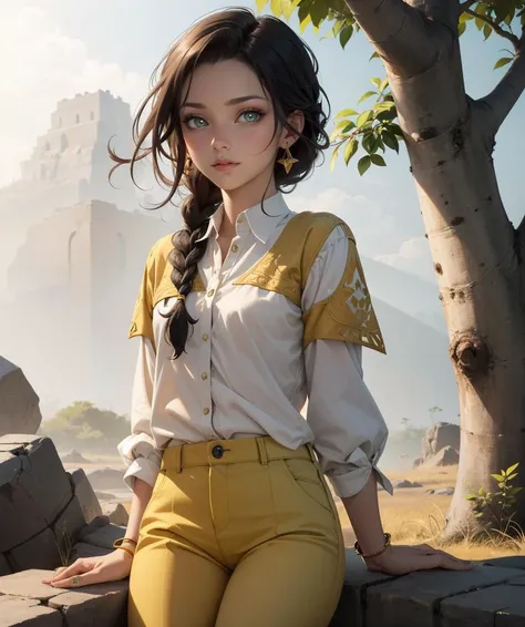 (best quality, masterpiece:1.1), SFW, 1 Girl, (Mauritian:1.2), (green french braid hairstyle), yellow trousers, spinel jewelry, Hauberk accents, glowing pupils, dark grey eyes, peaceful expression, savanna background, flat colors, cel shading, hard shadows,