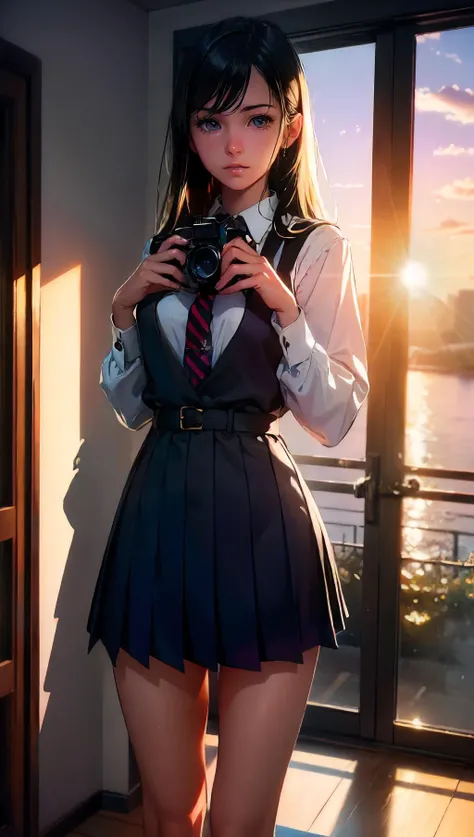 (photograph, hyperrealism, masterpiece, 8k:1.3), 1girl, Uruguayan, slender, nsfw, school uniform, drill hair hair, bashful, Sunset Lighting, The warm, golden glow of a sunset, adding a romantic and enchanting feel to the scene, trending on Behance, concept art, shot by walker evans, close-up