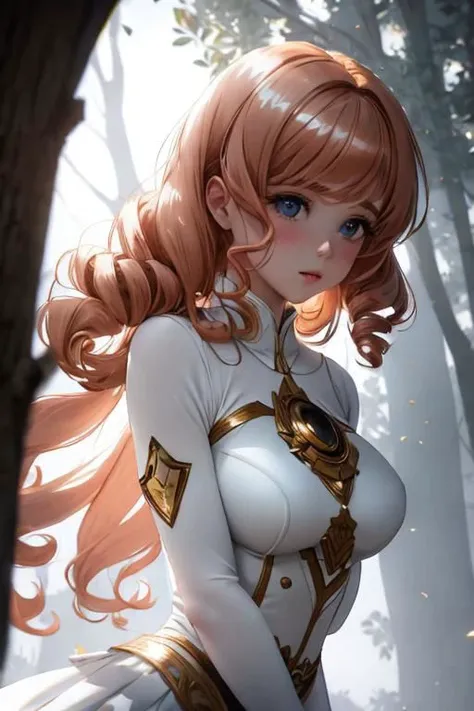 elegant sunlit, weak light and shadows, tree canopy,- 1girl, a pretty woman, beautiful face, white face, close up, face focus, curly hair, short copper-colored hair, white coat, black leggings, white tight skirt, she is with many dynamic poses, - blue water, elegant sunlit, weak light and shadows, tree canop