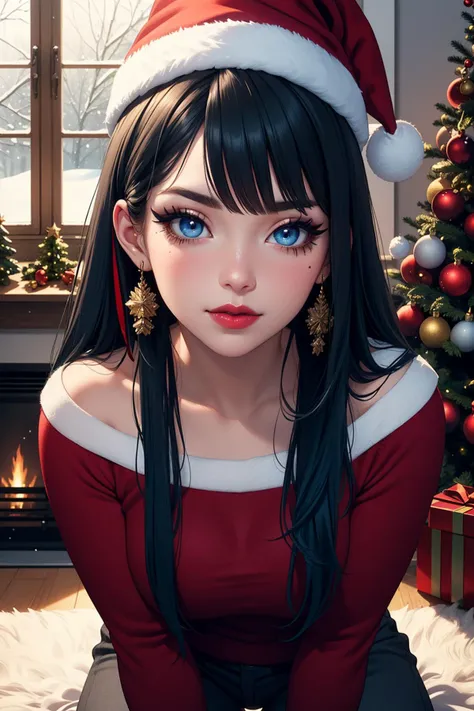 (masterpiece, best quality), intricate details, upper body, a portrait of a highly attractive woman kneeling on the floor near the Christmas tree, (long straight hair with bangs), (gradient hair:1.3), (two-tone hair:1.33), (dark blue hair) fading to (light blue hair), (beautiful brilliant blue eyes:1.2), (soft delicate face), (beautiful face), (goddess), (mascara:1.2), (eyeshadow:1.33), (eyeliner:1.33), (blush), (red glossy lips:1.25), smirk, athletic body, wearing oversized wool sweater, pants, santa hat, close-up, house in the country, fireplace, rug, christmas tree, window, snow outside, (cinematic lighting:1.22)