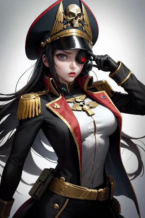 (masterpiece, best quality), 1girl, <lora:edgWar40kCommissarv1:0.8> edgCommissar, millitary uniform, epaulettes , ((artificial eye)), skull emblem, hat, wearing edgCommissar