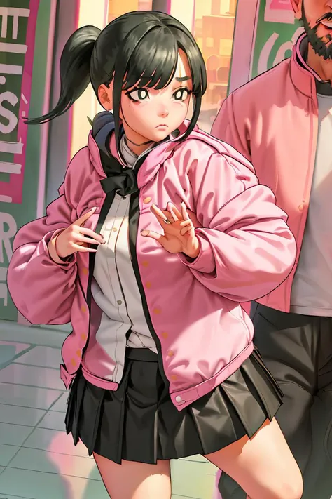 (masterpiece, best quality), 1girl, <lora:yoru mac girlfriend-lora-nochekaiser:1> yoru mac girlfriend, bangs, black hair, ponytail, sidelocks, (black eyes:1.2), (bright pupils:1.5), jacket, (pink jacket:1.5), skirt, shirt, bow, school uniform, white shirt, pleated skirt, bowtie, black skirt, black footwear, kneehighs,