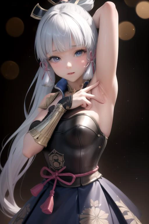 (8K, high resolution), (masterpiece, best quality:1.2), depth of field, bokeh, an extremely delicate and beautiful, Amazing, finely detail, extremely detailed CG wallpaper, ultra-detailed, highres, perfect anatomy, detailed face and eyes, <lora:KamisatoAyaka:0.8>, kamisato_ayaka, skirt, ponytail, <lora:conceptSpreadArmpit_left:0.7> spread armpit