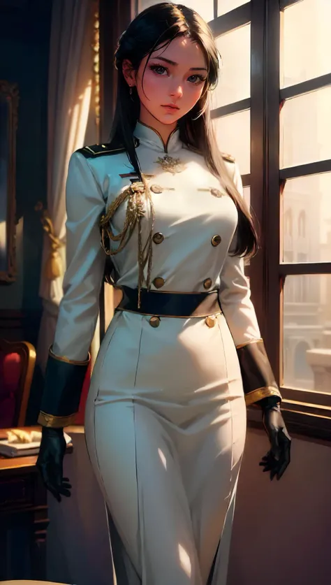 (photograph, hyperrealism, masterpiece, 8k:1.3), 1girl, Thai, elegant, nsfw, military uniform, long hair hair, happy, Romantic, A combination of soft lighting, warm tones, and gentle shadows to enhance the romantic atmosphere, trending on Flickr, concept art, shot by robert capa, cowboy shot