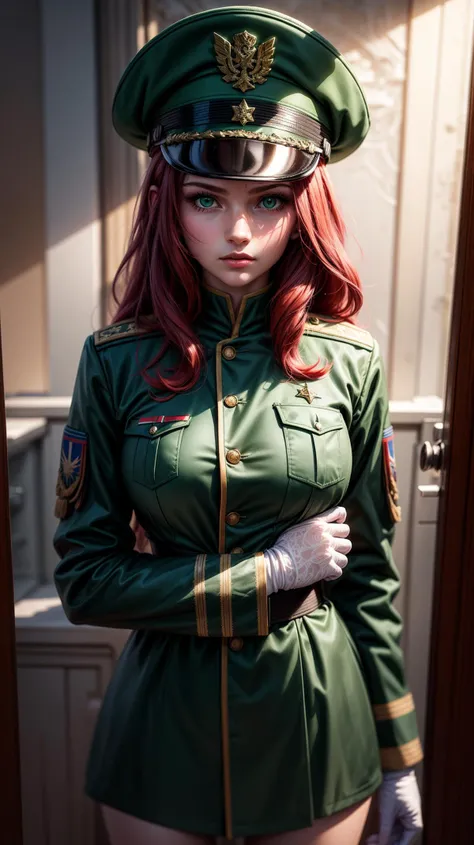 girl, red hair, green eyes, green uniform, soldier uniform, woman soldier uniform, soviet soldier uniform,(masterpiece, best quality), intricate details, reflections, realistic, 4k, 8k, hd, <lora:epiCRealLife:1> <lora:more_details:0.75>