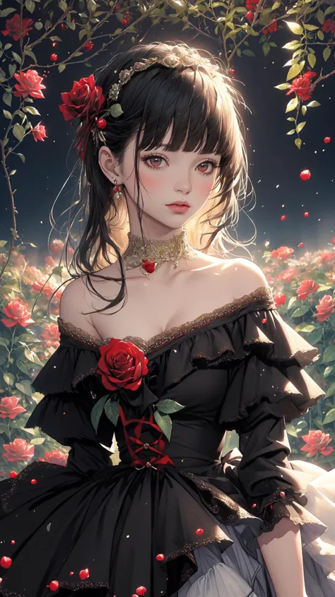 (masterpiece, best quality:1.2), (ultra detailed), watercolor,
red rose, garden, castle,
<lora:coloured glaze:0.5> coloured glaze, 1girl, layered dress, bow dress, portrait, off shoulder, black dress, upper body, <lora:em_ai_v1:0.6>,