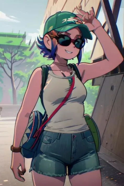 1girl, hiking down a wooded trail, wearing denim cutoff shorts and a tshirt, cap, sunglasses, looking back over shoulder, backpack, gluteal fold, huge smile, RamonaFlowers