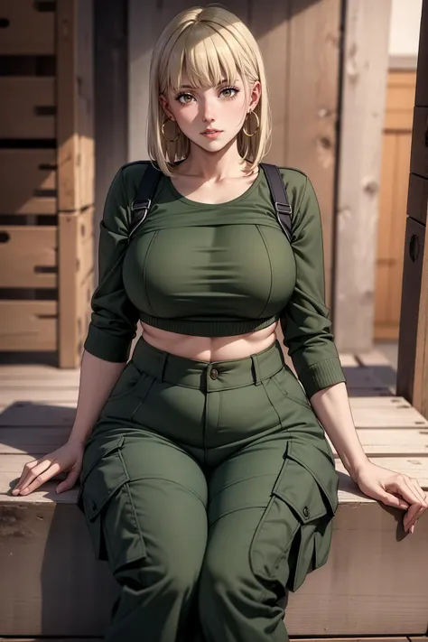 (masterpiece:1.3,  best quality),  1lady,  solo,  (mature female:1.4),  milf:1.5,  chubby:1.2,  chiseled muscles,  abs,  (straight blonde hair with straight bangs:1.4),  simple hoop earrings,  wearing olive drabs military cargo pants,  olive military jacket,  black crop top,  large breasts,  beautiful face,  perfect brown eyes,  bashful,  sitting on crate,  plump:1.5,  barracks,<lora:mommyfy_V2:0.800000>