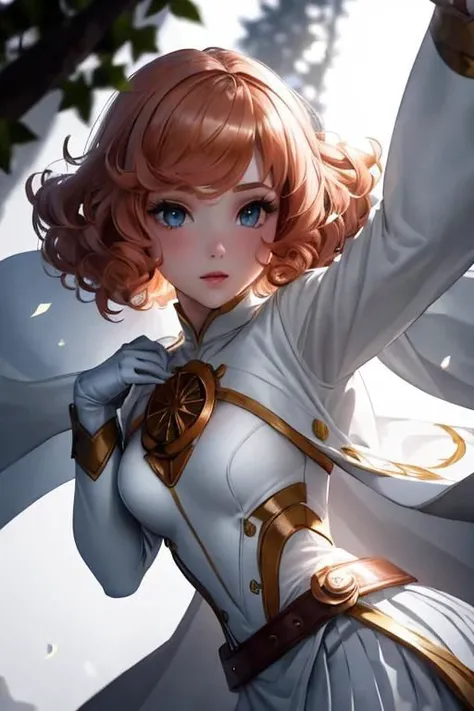 elegant sunlit, weak light and shadows, tree canopy,- 1girl, a pretty woman, beautiful face, white face, close up, face focus, curly hair, short copper-colored hair, white coat, black leggings, white tight skirt, she is with many dynamic poses, - blue water